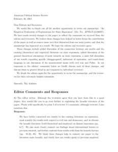 American Political Science Review February 26, 2013 Dear Editors and Reviewers, We would like to thank you all for another opportunity to revise our manuscript, “An Empirical Evaluation of Explanations for State Repres