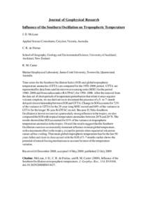 Journal of Geophysical Research Influence of the Southern Oscillation on Tropospheric Temperature J. D. McLean Applied Science Consultants, Croydon, Victoria, Australia C. R. de Freitas School of Geography, Geology and E