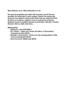 Marc Bonetto, né en 1965 à Marseille où il vit. Son peu de sympathie pour cette ville le pousse à partir dès que possible. Ça tombe bien, il aime voyager. Quand il ne pousse pas devant lui son fauteuil-roulant-port