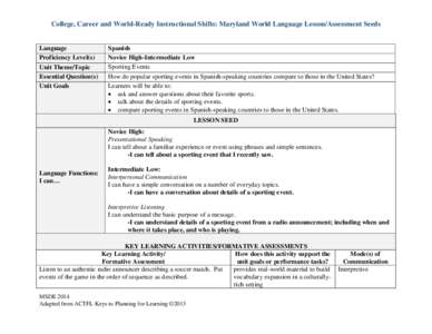 College, Career and World-Ready Instructional Shifts: Maryland World Language Lesson/Assessment Seeds  Language Proficiency Level(s) Unit Theme/Topic Essential Question(s)