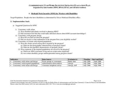 COMPREHENSIVE UTAH WORK INCENTIVE INITIATIVE EVALUATION PLAN Organized by Intervention (MWI, BPAO, EPAS, and All Interventions) A. Medicaid Work Incentive (MWI) for Workers with Disabilities Target Population: People who