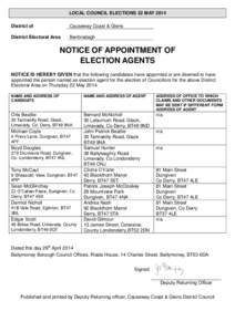 LOCAL COUNCIL ELECTIONS 22 MAY 2014 District of Causeway Coast & Glens  District Electoral Area