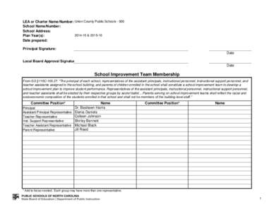 LEA or Charter Name/Number: Union County Public SchoolsSchool Name/Number: School Address:  & Plan Year(s): Date prepared: