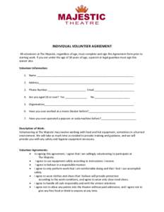 INDIVIDUAL VOLUNTEER AGREEMENT All volunteers at The Majestic, regardless of age, must complete and sign this Agreement form prior to starting work. If you are under the age of 18 years of age, a parent or legal guardian