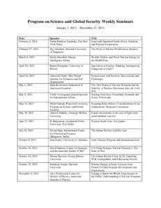 Program on Science and Global Security Weekly Seminars January 1, 2013 – December 31, 2013 Date February 6, 2013  Speaker