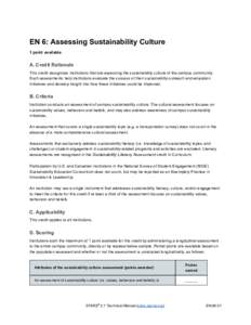 EN 6: Assessing Sustainability Culture  1 point available  A. Credit Rationale  This credit recognizes institutions that are assessing the sustainability culture of the campus community.  Such a