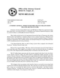 Office of the Attorney General Robert E. Cooper, Jr. NEWS RELEASE FOR IMMEDIATE RELEASE Jan. 8, 2007