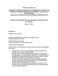 Testimony	
  before	
  the	
  	
   ASSEMBLY	
  STANDING	
  COMMITTEE	
  ON	
  GOVERNMENTAL	
  OPERATIONS	
   ASSEMBLY	
  STANDING	
  COMMITTEE	
  ON	
  OVERSIGHT,	
  ANALYSIS,	
  and	
   INVESTIGATION	
 