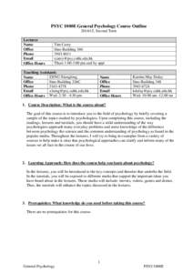 PSYC 1000E General Psychology Course Outline, Second Term Lecturer Name Office Phone