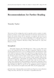 Recommendations for Further Reading (Summer 2007)