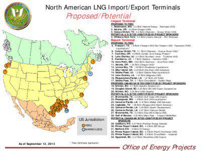 Oregon LNG / Floating liquefied natural gas / Southern LNG / Sabine Pass / Kitimat /  British Columbia / Elba Island / Energy / Geography of Canada / Geography of the United States / Liquefied natural gas / Petroleum production