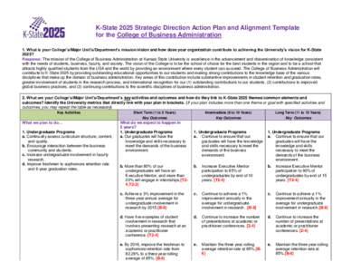 K-State 2025 Strategic Direction Action Plan and Alignment Template for the College of Business Administration 1. What is your College’s/Major Unit’s/Department’s mission/vision and how does your organization contr