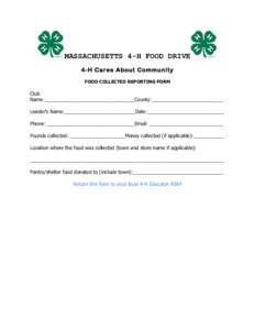 MASSACHUSETTS 4-H FOOD DRIVE 4-H Cares About Community FOOD COLLECTED REPORTING FORM Club Name:_________________________________County:__________________________