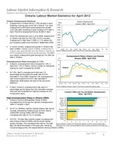 Labour Market Information & Research Research and Planning Branch, MTCU Ontario Labour Market Statistics for April 2012 Ontario Employment Declines 