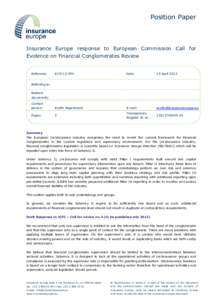 Position Paper Insurance Insurance Europe response to European Commission Call for Evidence on Financial Conglomerates Review  Reference: