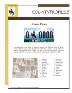 COUNTY PROFILES  License Plates License plates in the State of Wyoming feature the “Bucking Horse & Rider”, which originally appeared on the plates inThe number on the far left of the