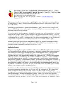 QUALIFICATION FOR RESPONSIBILITY EXEMPTION/REGULATORY ASSURANCE PURSUANT TO NORTH DAKOTA CENTURY CODE §[removed]NORTH DAKOTA DEPARTMENT OF HEALTH ENVIRONMENTAL HEALTH SECTION Phone: [removed]Fax: [removed]Websit