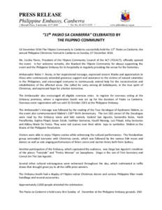 PRESS RELEASE Philippine Embassy, Canberra 1 Moonah Place, Yarralumla, ACT 2600 * Tel. No[removed] *