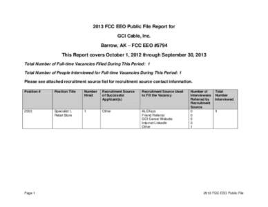 2013 FCC EEO Public File Report for GCI Cable, Inc. Barrow, AK – FCC EEO #5794 This Report covers October 1, 2012 through September 30, 2013 Total Number of Full-time Vacancies Filled During This Period: 1 Total Number