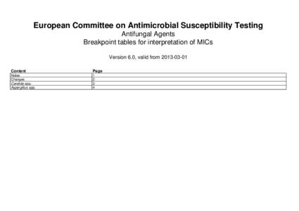 European Committee on Antimicrobial Susceptibility Testing Antifungal Agents Breakpoint tables for interpretation of MICs Version 6.0, valid from[removed]Content