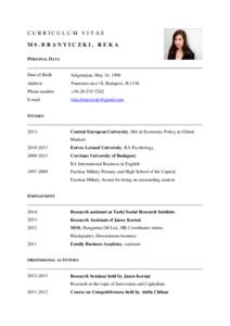 CURRICULUM VITAE MS.BRANYICZKI, REKA PERSONAL DATA Date of Birth