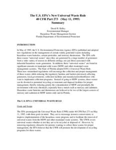 U.S. EPA’s New Universal Waste Rule 40 CFR Part 273 (May 11, 1995) Summary - Mercury - Solid and Hazardous Waste  - Florida DEP - [UWRsummmary.PDF]