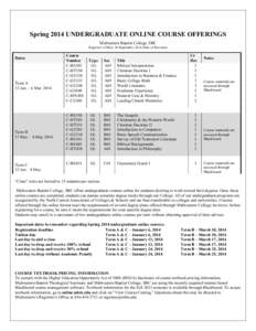 Spring 2014 UNDERGRADUATE ONLINE COURSE OFFERINGS Midwestern Baptist College, SBC Registrar’s Office; 30 September, 2014 (Date of Revision) Dates