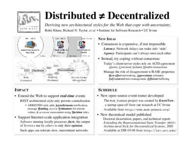 Distributed ≠ Decentralized Deriving new architectural styles for the Web that cope with uncertainty. Rohit Khare, Richard N. Taylor, et al. • Institute for Software Research • UC Irvine NEW IDEAS • Consensus is 