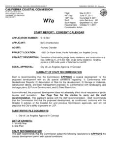 California Coastal Commission Staff Report and Recommendation Regarding Permit Application No[removed]Chamberlaine, Pacific Palisades)