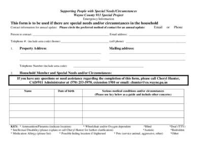 Supporting People with Special Needs/Circumstances Wayne County 911 Special Project Emergency Information This form is to be used if there are special needs and/or circumstances in the household Contact information for a