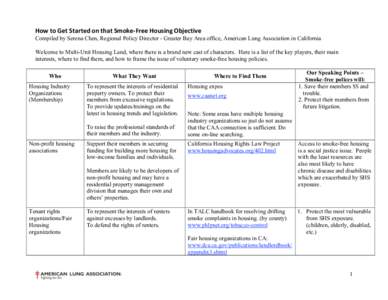 How to Get Started on that Smoke‐Free Housing Objective   Compiled by Serena Chen, Regional Policy Director - Greater Bay Area office, American Lung Association in California Welcome to Multi-Unit Housing Lan