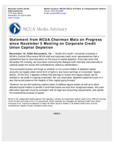 Statement from NCUA Chairman Matz on Progress since November 5 Meeting on Corporate Credit Union Capital Depletion