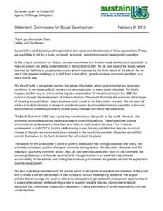 Statement given by SustainUS Agents of Change Delegation Statement: Commission for Social Development  February 6, 2012