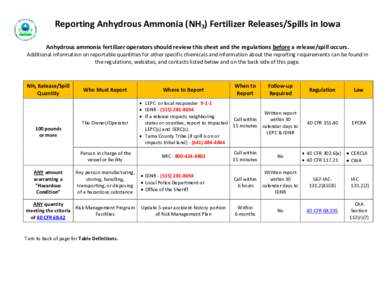 Reporting Anhydrous Ammonia (NH3) Fertilizer Releases/Spills in Iowa Anhydrous ammonia fertilizer operators should review this sheet and the regulations before a release/spill occurs. Additional information on reportable