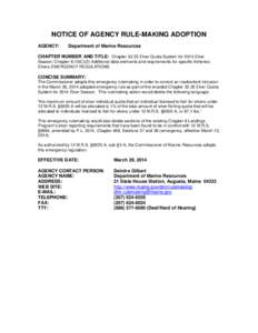 NOTICE OF AGENCY RULE-MAKING ADOPTION AGENCY: Department of Marine Resources  CHAPTER NUMBER AND TITLE: Chapter[removed]Elver Quota System for 2014 Elver