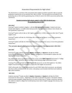 Assessment Requirements for High School The information is a summary of the assessments that students would be required to take to meet the graduation requirements as we transition from HSAs to PARCC. The descriptions ar