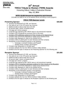 30th Annual YWCA Tribute to Women (TWIN) Awards Honoring Silicon Valley’s Executive Women May 12, 2014 NOTE: $3,000 Honoree fee required for each Honoree (Includes one table for ten at the awards dinner and listing in 