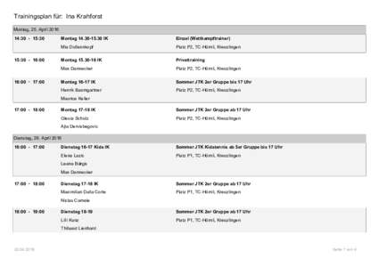 Trainingsplan für: Ina Krahforst Montag, 25. April::30 15::00