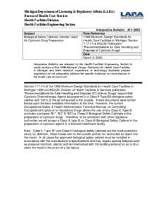 Michigan Department of Licensing & Regulatory Affairs (LARA) Bureau of Health Care Services Health Facilities Division Health Facilities Engineering Section Subject Biological Safety Cabinets (Hoods) Used