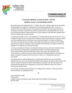 COMMUNIQUÉ POUR DIFFUSION IMMÉDIATE 5e COLLOQUE RÉGIONAL AU-DELÀ DES MOTS…L’ACTION RÉSERVEZ LA DATE : LE 29 SEPTEMBRE À AMOS! Rouyn-Noranda, le 10 septembre 2012 – L’édition 2012 du 5e colloque régional s