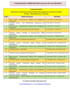 Training Calendar of NIDM-WBI Online Course for the Year[removed]Course Duration Basic Course- Comprehensive Natural Disaster Risk Management Framework- Six Week Thematic / Specialized Course- Four Week