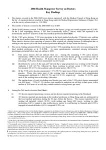 2006 Health Manpower Survey on Doctors Key Findings The doctors covered in the 2006 HMS were doctors registered* with the Medical Council of Hong Kong on the list† of registered doctors resident in Hong Kong under the 