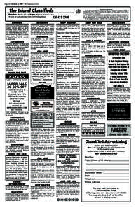 Page 24 / October 4, [removed]The Jamestown Press  The Island Classifieds Deadline: Monday at 5 p.m. Rates: $9.00 for 20 words or less, 40 cents for each additional word. $1.50 billing charge.