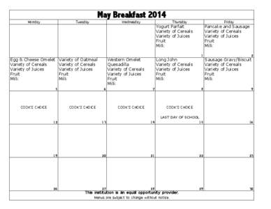 May Breakfast 2014 Monday Tuesday  Egg & Cheese Omelet