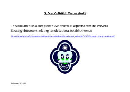 St Mary’s British Values Audit  This document is a comprehensive review of aspects from the Prevent Strategy document relating to educational establishments: https://www.gov.uk/government/uploads/system/uploads/attachm
