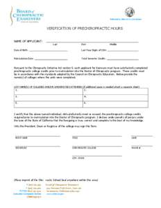 Board of Chiropractic Examiners - Verification of Prechiropractic Hours