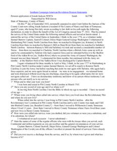 Southern Campaign American Revolution Pension Statements Pension application of Josiah Jackson W9074 Sarah fn37NC Transcribed by Will Graves State of Tennessee, County of Henry