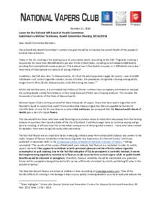 October 12, 2014 Letter for the Ashland MA Board of Health Committee Submitted as Written Testimony, Health Committee MeetingDear Health Committee Members, The Ashland MA Health Committee’s number one goal 