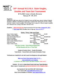 30th Annual M.O.M.A. State Singles, Doubles and Team Dart Tournament @ The DECC Center in Duluth, Minnesota February 5th – 8th, 2015 Eligibility: Minimum of 48 Games played for Original Teams and 96 Games played withou