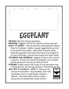EGGPLANT SEASON: Mid-July through September. GROWING: Eggplant lives off hot weather and sun, yum yum! WHAT TO EXPECT: Pick ‘em with firm, shiny skins and resilient flesh for freshness. Smaller, younger eggplants like 